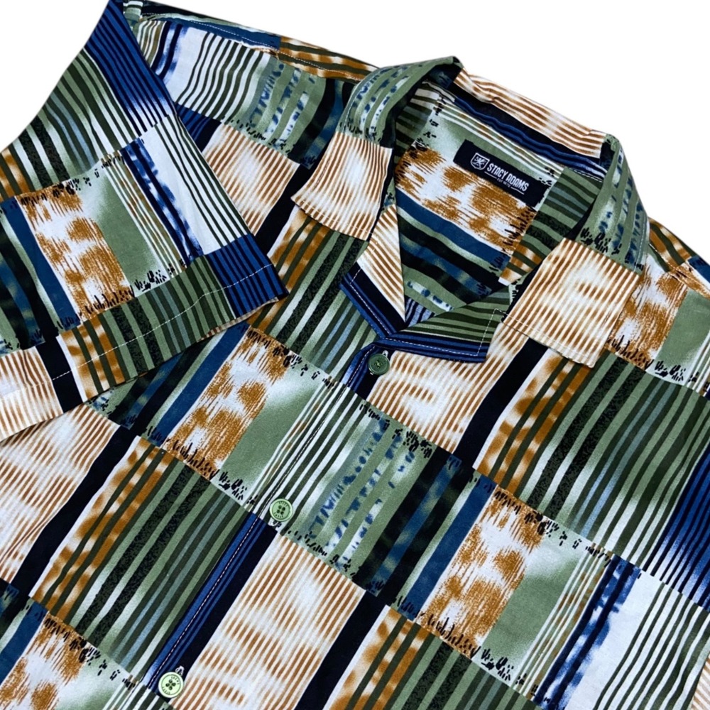 Stacy Adams Linen Cotton Shirt Abstract Print Short Sleeve Button Up Size XXL